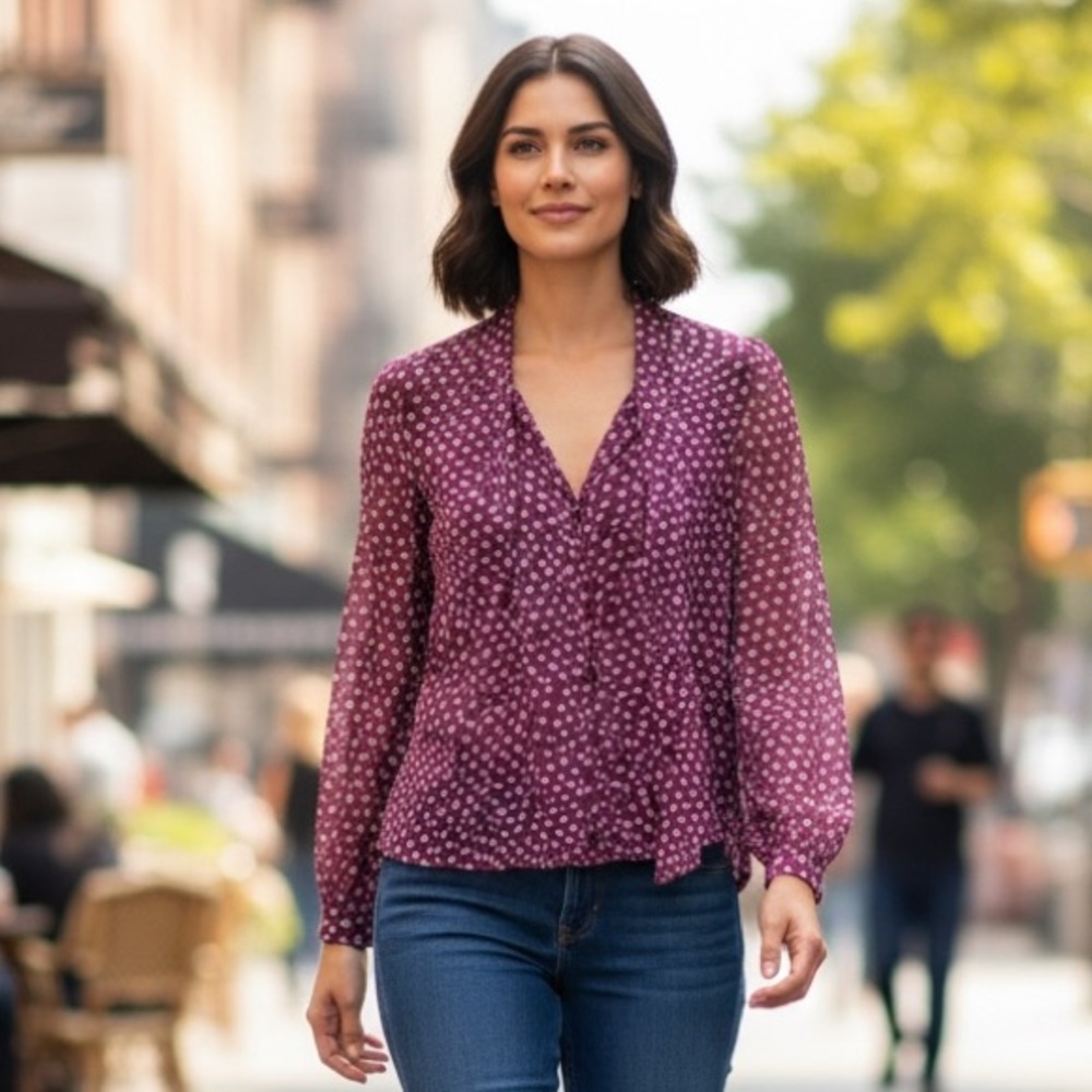 Diane Von Furstenberg Silk  Purple Sheer Polka Dot Blouse